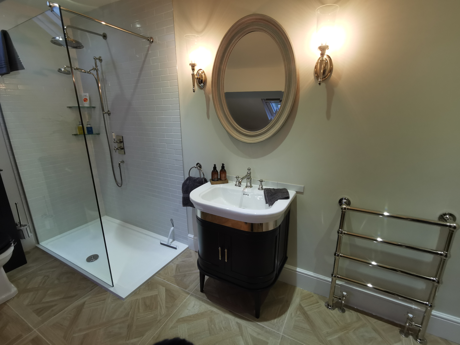 Loft shower room with vanity, mirror, and walk-in enclosure