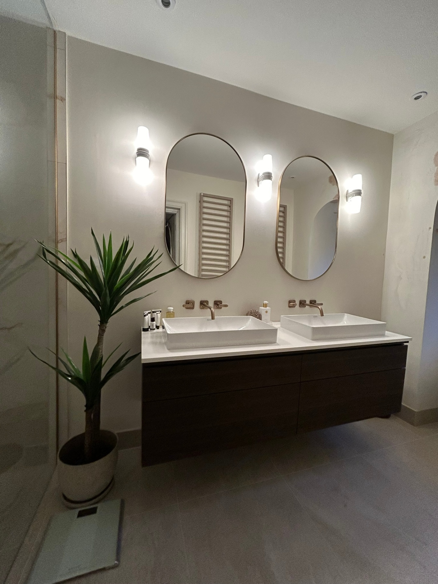 Double vanity wall with twin basins and arched mirrors